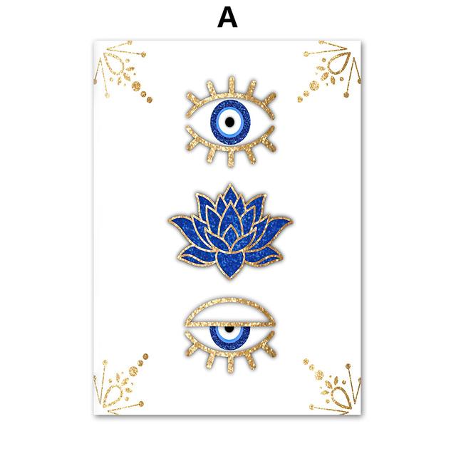 Paintings for Interior Abstract Evil Eyes Lotus Canvas Wall Art Gold Blue Posters and Prints for Living Room No Frame
