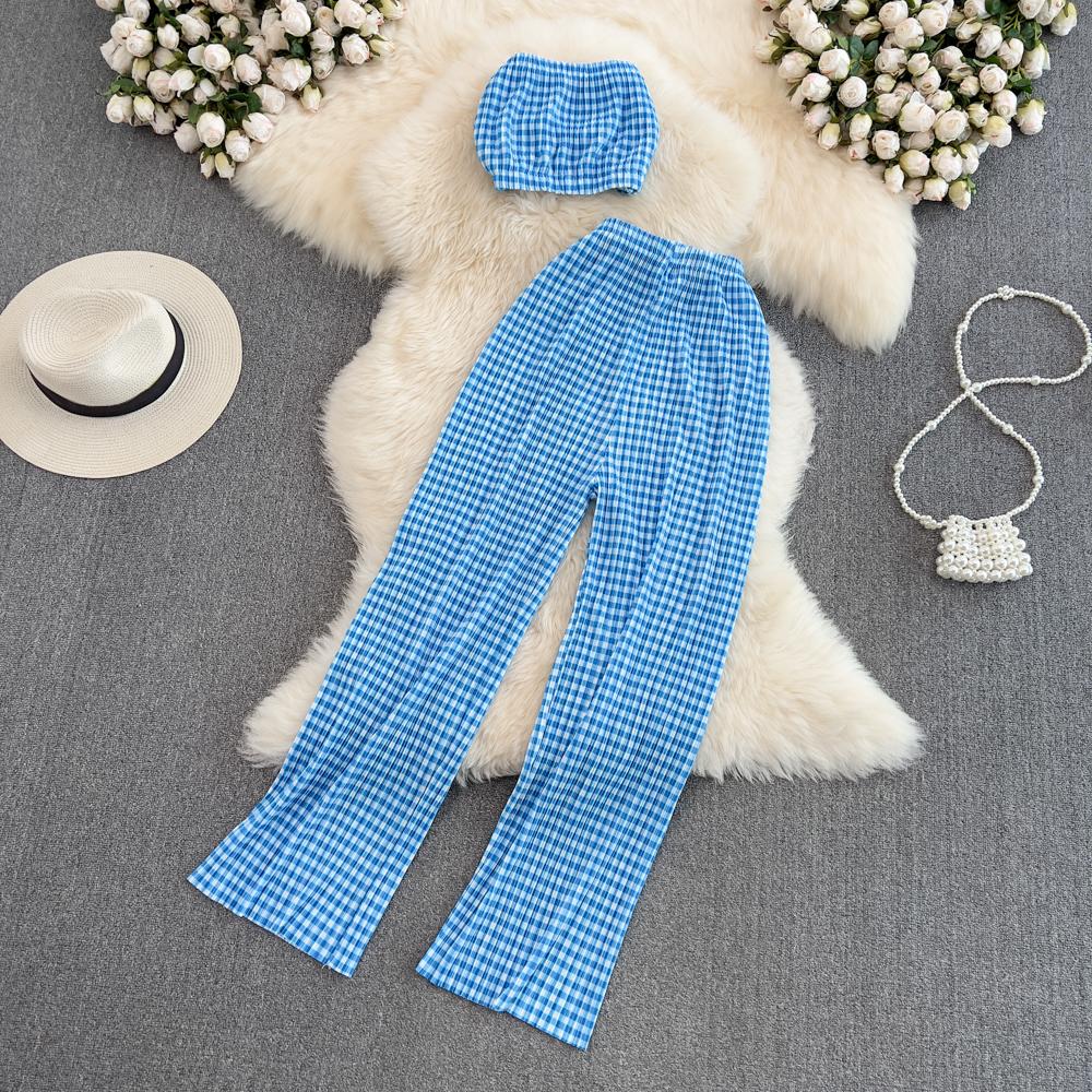 RUGOD 2022 Modeanzug Damen Sexy Tube Top Zweiteiliger Anzug mit hoher Taille Drapieren Lässige Farbverlaufsfarbe Gerade Hose mit weitem Bein