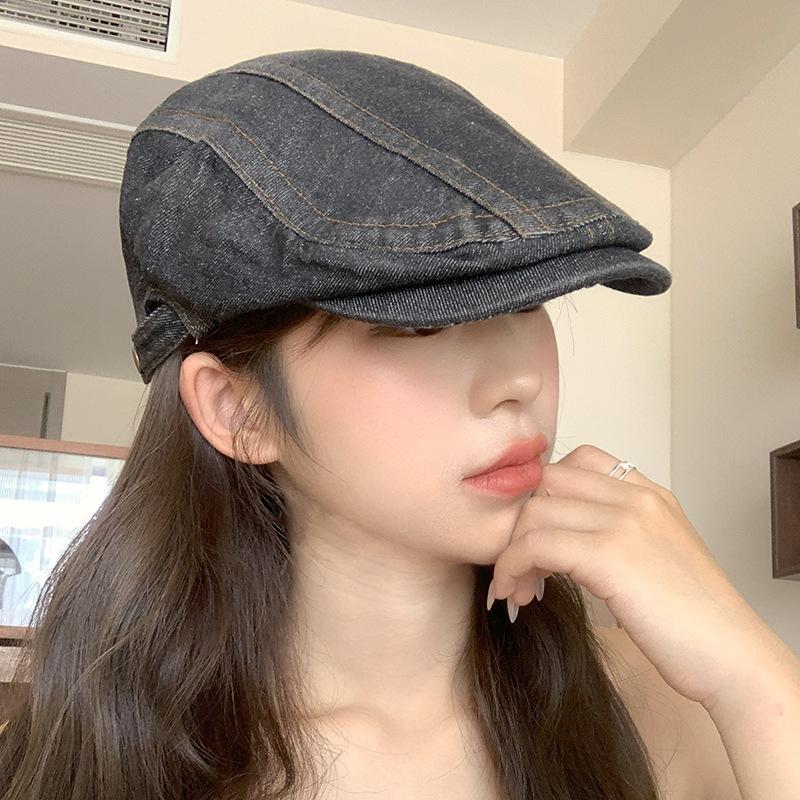 Summer Japanese washed Denim Front Hat for Women with Versatile Retro Big Head Circumference Showing Face Little Painter Hat Wearing Beret