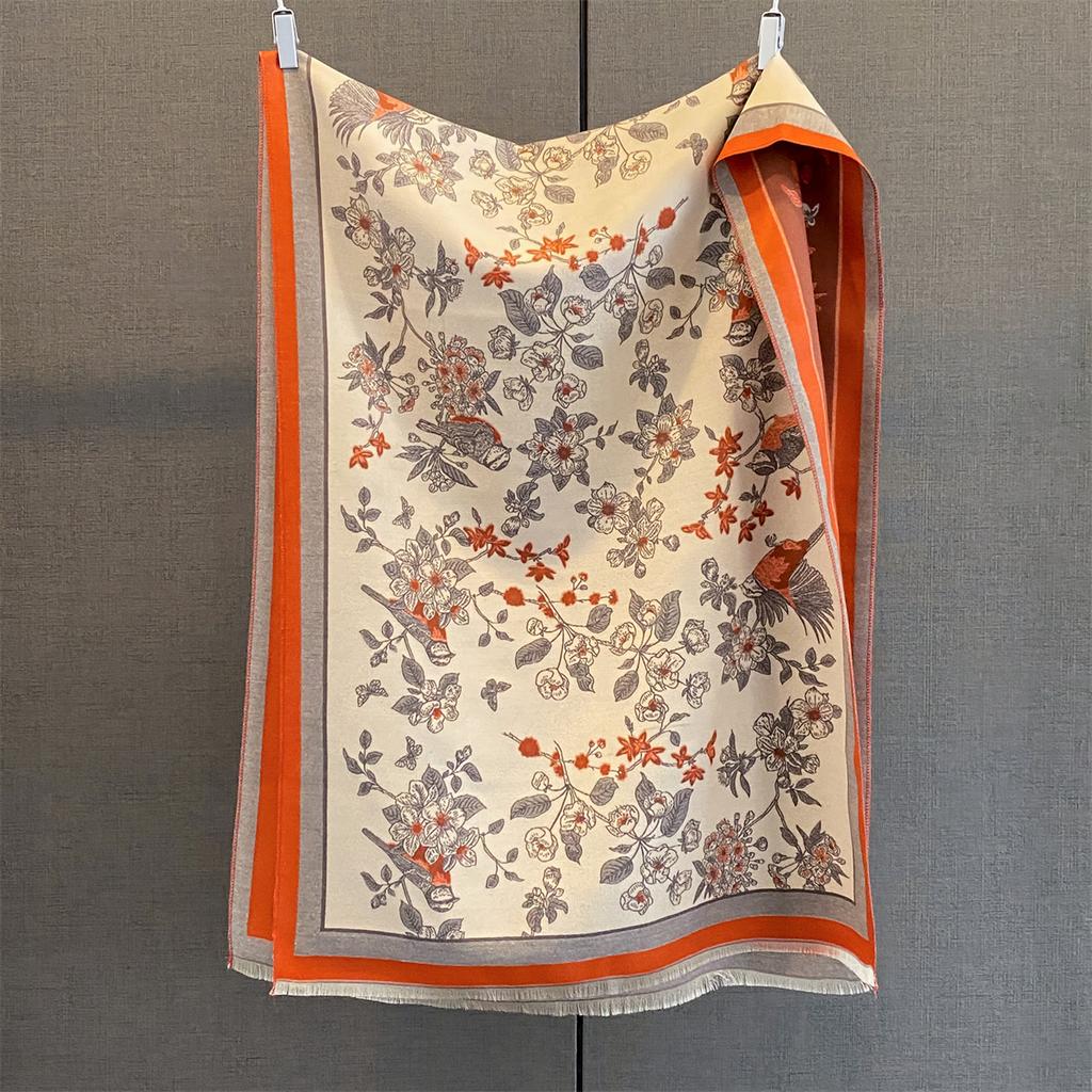 Floral Thickened Warm Scarf Tassel Pashmina Shawl Women‘s Imitation Cashmere Warps Autumn/Winter Coldproof Windproof Blanket