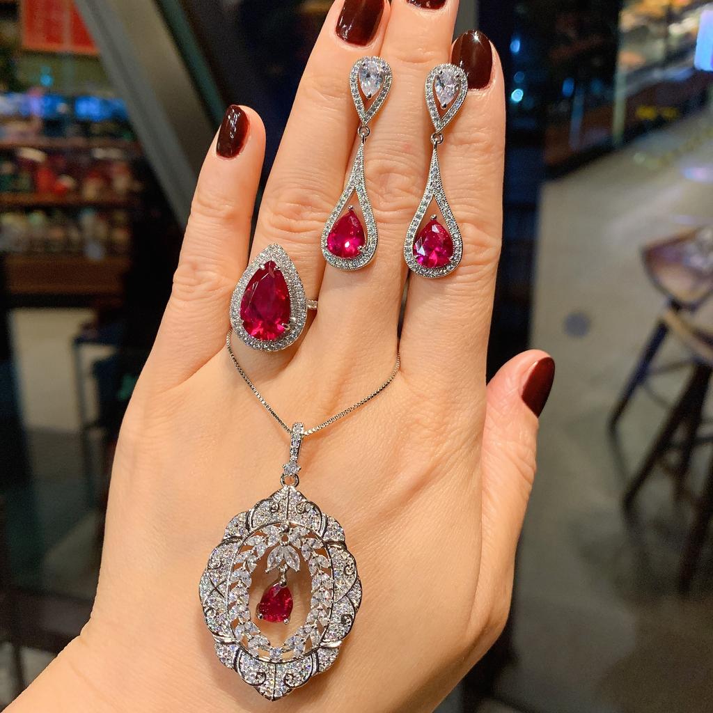 Jewelry Ring Female Simulation Red Corundum Shining Full Diamond Pendant Ring Set