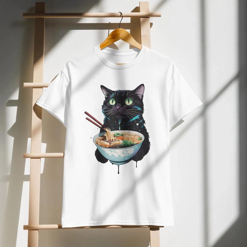 anime cat ramen Japanese T shirt funny noodles cute white graphic vintage Washed Slightly Unise