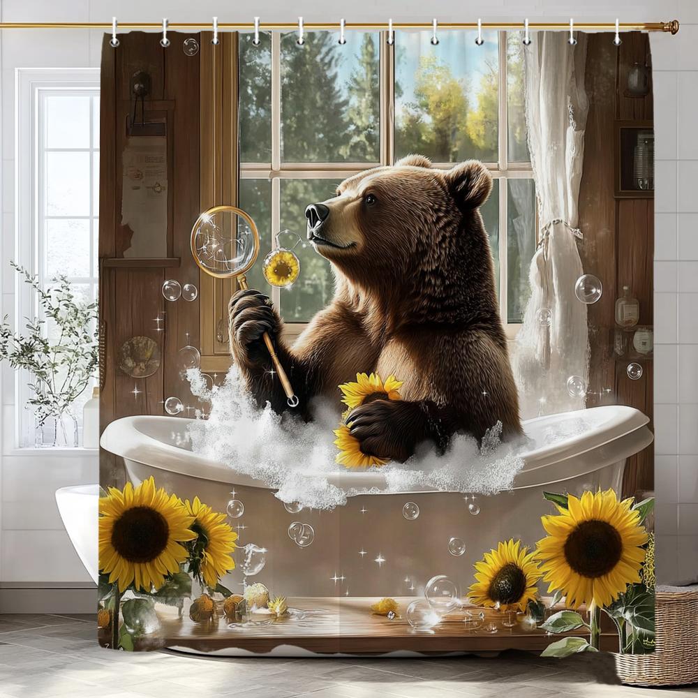 Cute Brown Bear in Bath Shower Curtain, Bathroom Decorative Shower Curtain, Waterproof Shower Curtain with Hooks
