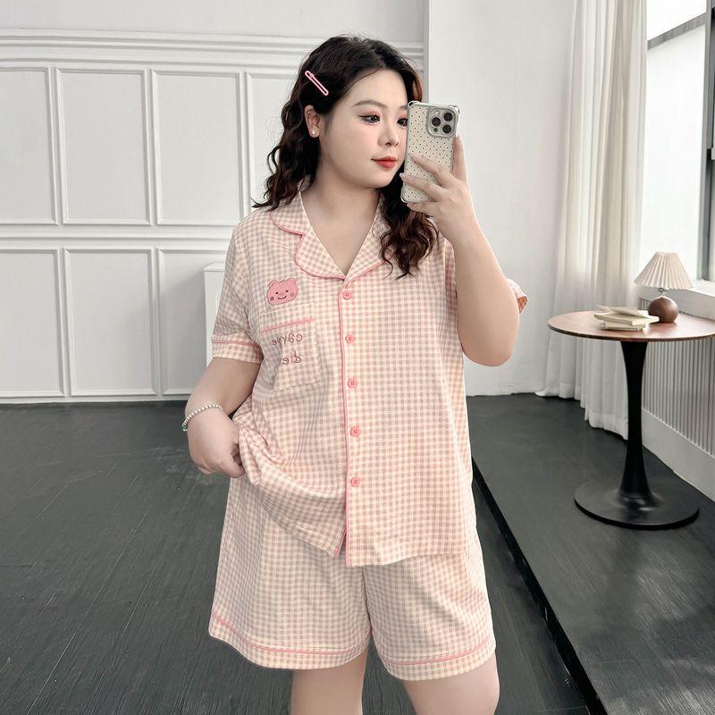 

Женская одежда больших размеров [Милый Бобрёнок] Милая Свежая Вышитая Клетчатая Пижама Комплект с Коротким Рукавом и Шортами Домашняя одежда Pink Lattice-Pajamas 8xl