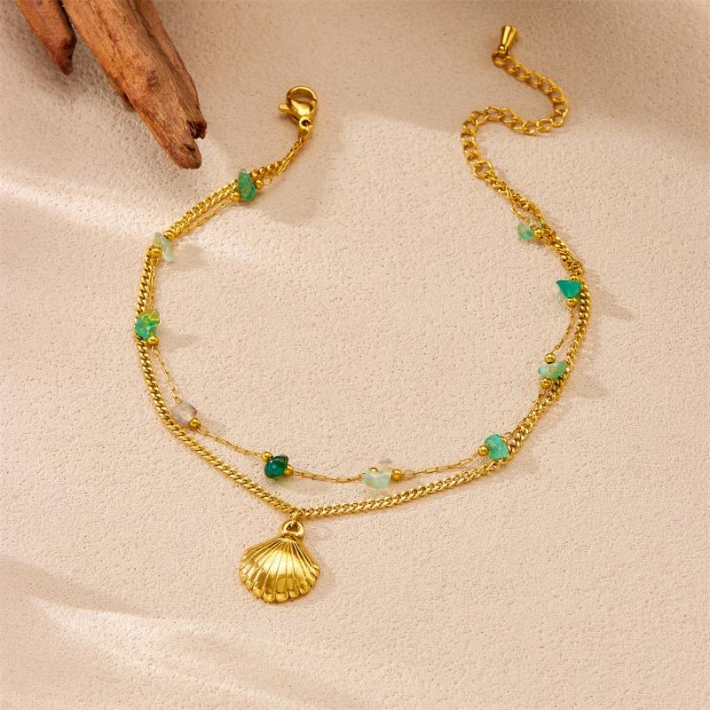Gold Plated Layered Shell Anklet, Dainty Green Stone Beaded Foot Bracelet with Seashell Charm, Boho Beach Jewelry for Women Gift