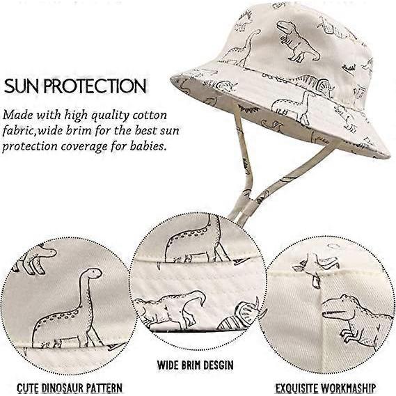Dww-White Dinosaur-48cm Wide Brim Baby Sun Hat for Children, Summer Beanie for Boys and Girls, Anti-UV, Adjustable Cap