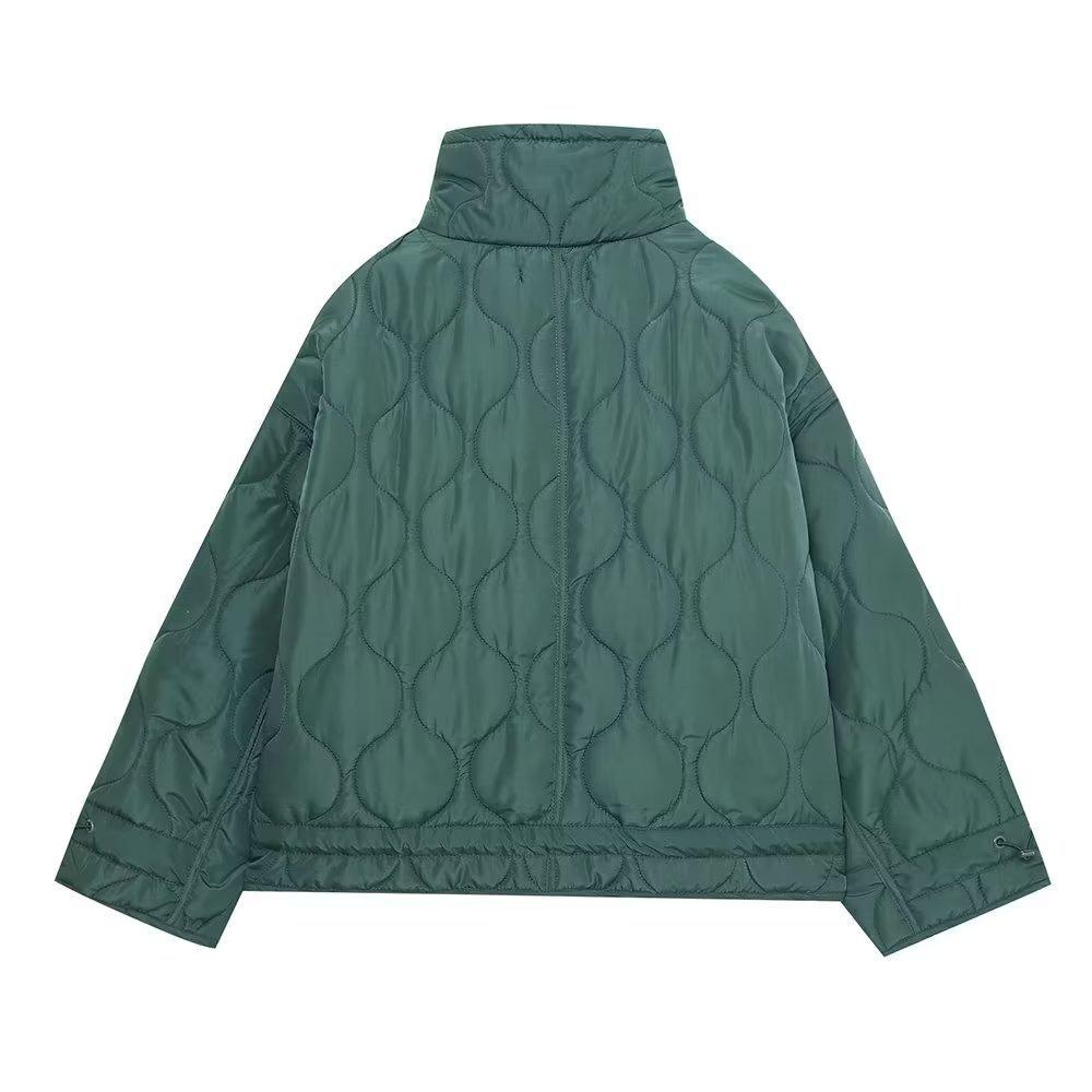 Stand Collar Loose Quilted Cotton Jacket for Women