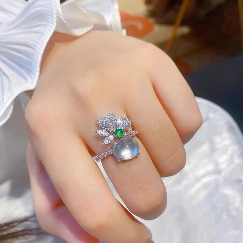 Elegant White Chalcedony and Hetian Jade Open Ring