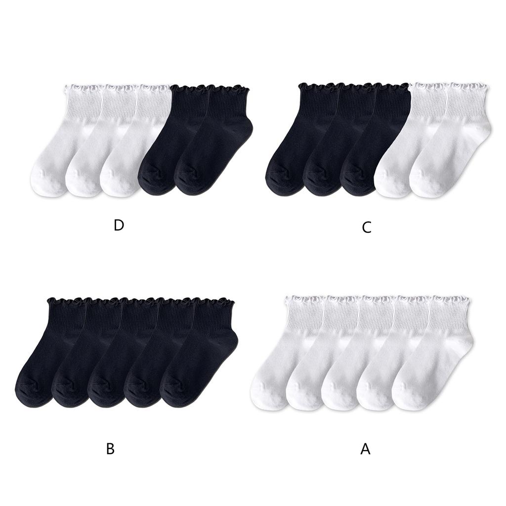 5 Pairs Japanese Style Women Student Crew Socks Solid Color Casual Fashion Frilly Ruffle Trim Short Tube Ankle Socks