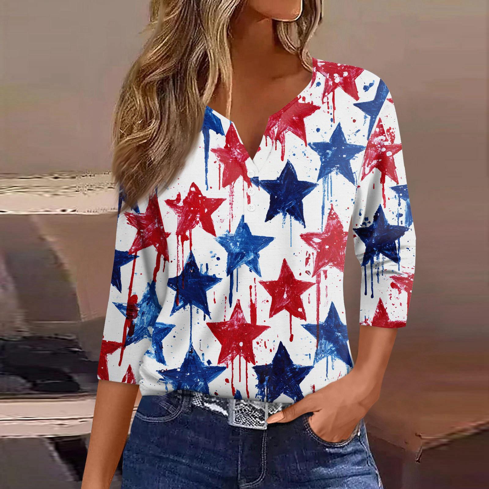 

Women s T Shirt Independence Day Print Button 3/4 Sleeve Daily Weekend Fashion Basic V- Neck Regular Top XL кавун червоний колір