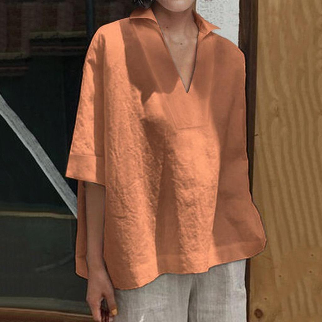 Women's Fashion V-neck Cotton Linen Short Sleeve Hundred And One Color Loose Shirt Top