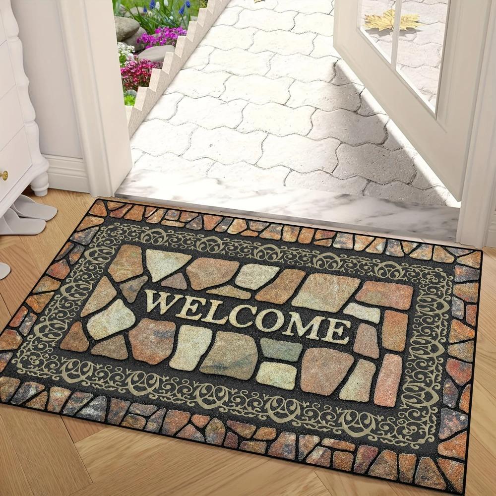 Stone Pattern Welcome Mat - Natural Rock Texture Rug for Indoor & Outdoor Entryway, Non-Slip Machine Washable Decor Carpet