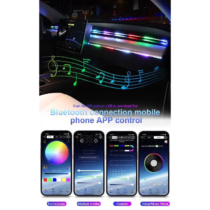 Car Ambient Lights Universal LED Symphony RGB Atmosphere Lamp 64 Colors Acrylic Strip APP Control Remote for Tesla Model 3 Y S X