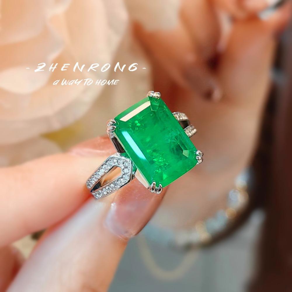 High Carbon Diamond Red Corundum Womens Ring with Large Emerald and Blue Spinel Minimalist Open Band