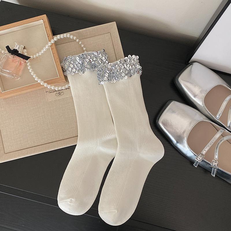 Ladies Spring and Summer Thin Style Personality Fashion Solid Color Heavy Industry Sequins Design Sense In The Tube Pile Socks