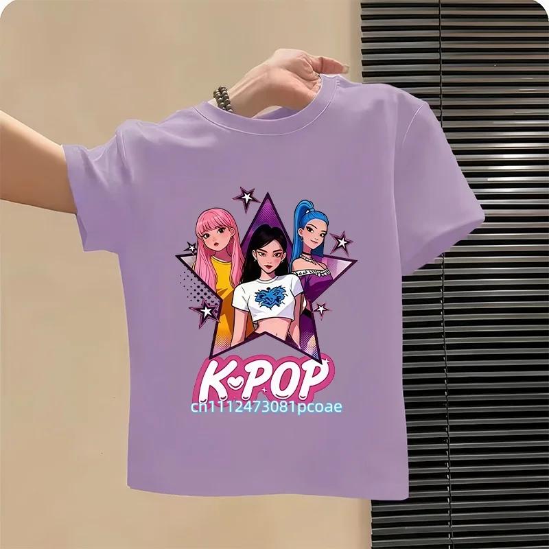 Summer Kpop Popular Cartoon Print Childrens Design Casual Harajuku Style Round Neck Short Sleeved Top Fans Gifts Kids Clothes