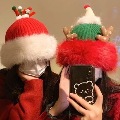 Christmas Gift Atmosphere Cute Antler Red Plush Hat Winter Thickened Warm Knitted Wool Hat Women