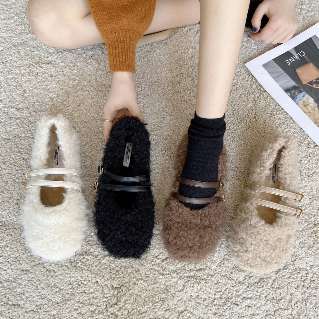 2025 autumn and winter new square-headed mink fluffy warm color matching thick-soled ballet beanie women's single shoes flat-soled