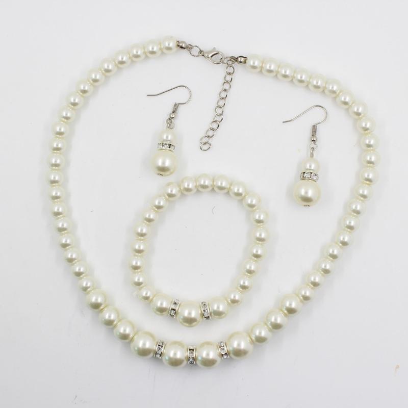 Fashion Pearl Beaded Chain Drop Earrings Women White Faux Pearl Necklace Bracelet Jewelry Set Gift for Sisters Friends