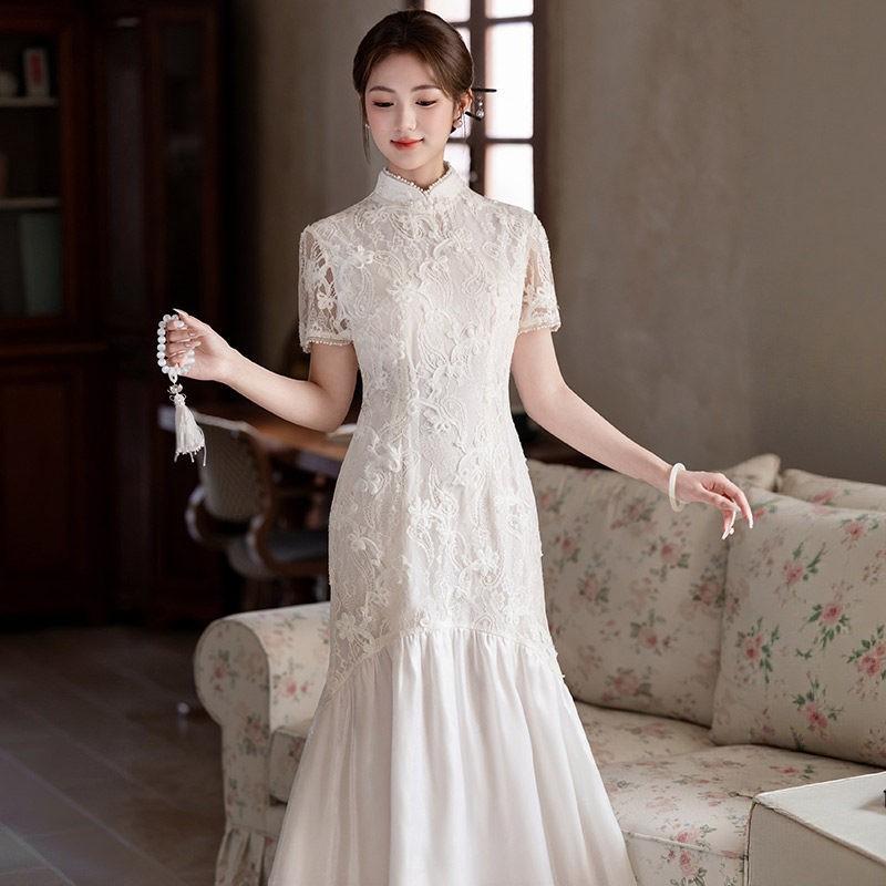 Elegant Lace Cheongsam Dress With High Collar Cap Sleeve Modern Chinese Style Long Gown Women 2026