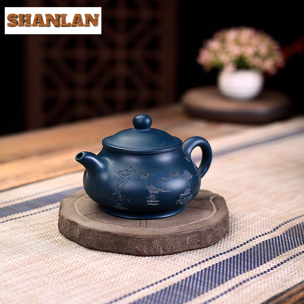 180ml Ancient Yixing Purple Clay Teapots Handmade Pan Pot Raw Ore Azure Mud Kettle With Filter Zisha Tea Set Cha Ornaments Craft