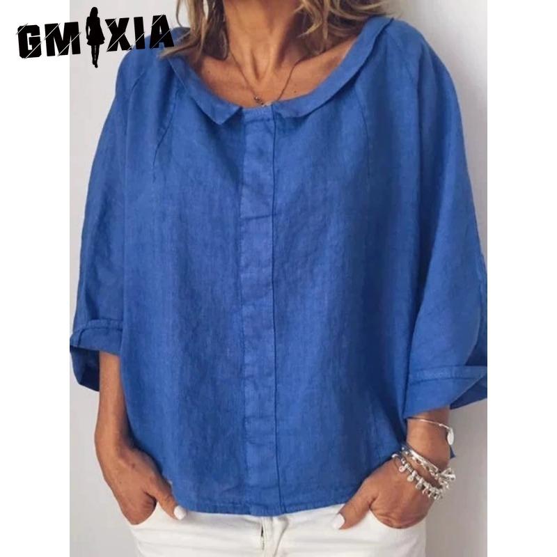 

GMXIA Женские модные повседневные однотонные блузки и рубашки с длинным рукавом с принтом XXXXXL синий