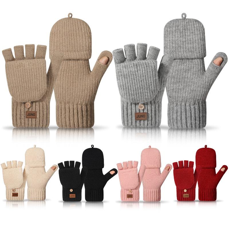 Thickened Women's Leaking Finger Gloves Autumn and Winter Double-layer Velvet Knitted Cold-proof Warm Writing Covered Half-finger Gloves