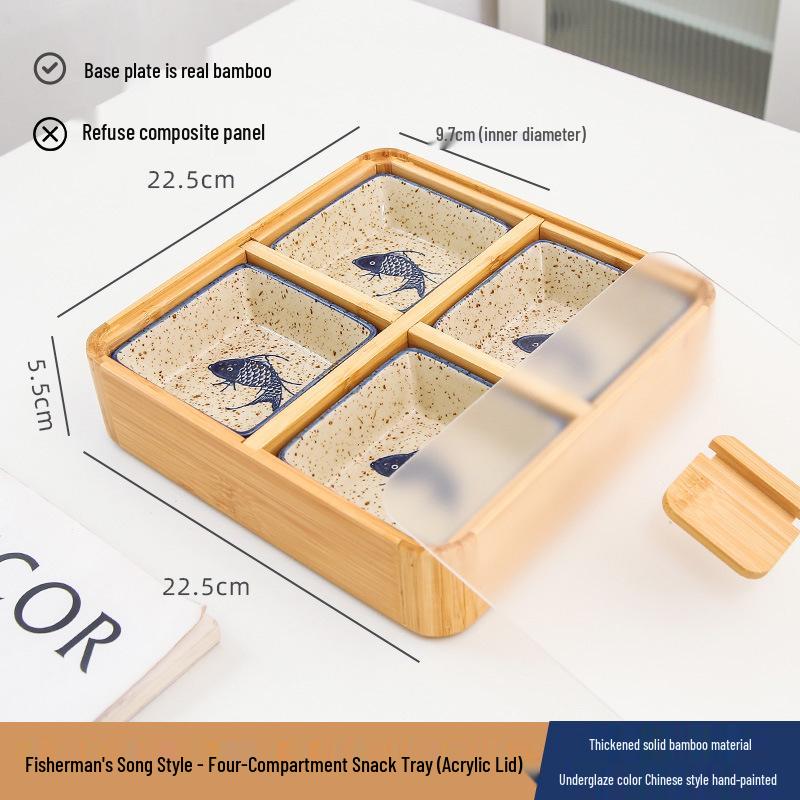 Japanese Bamboo & Wood Snack Box - 4-Compartment Plate for Pastries, Nuts, Seeds, & Dried Fruit