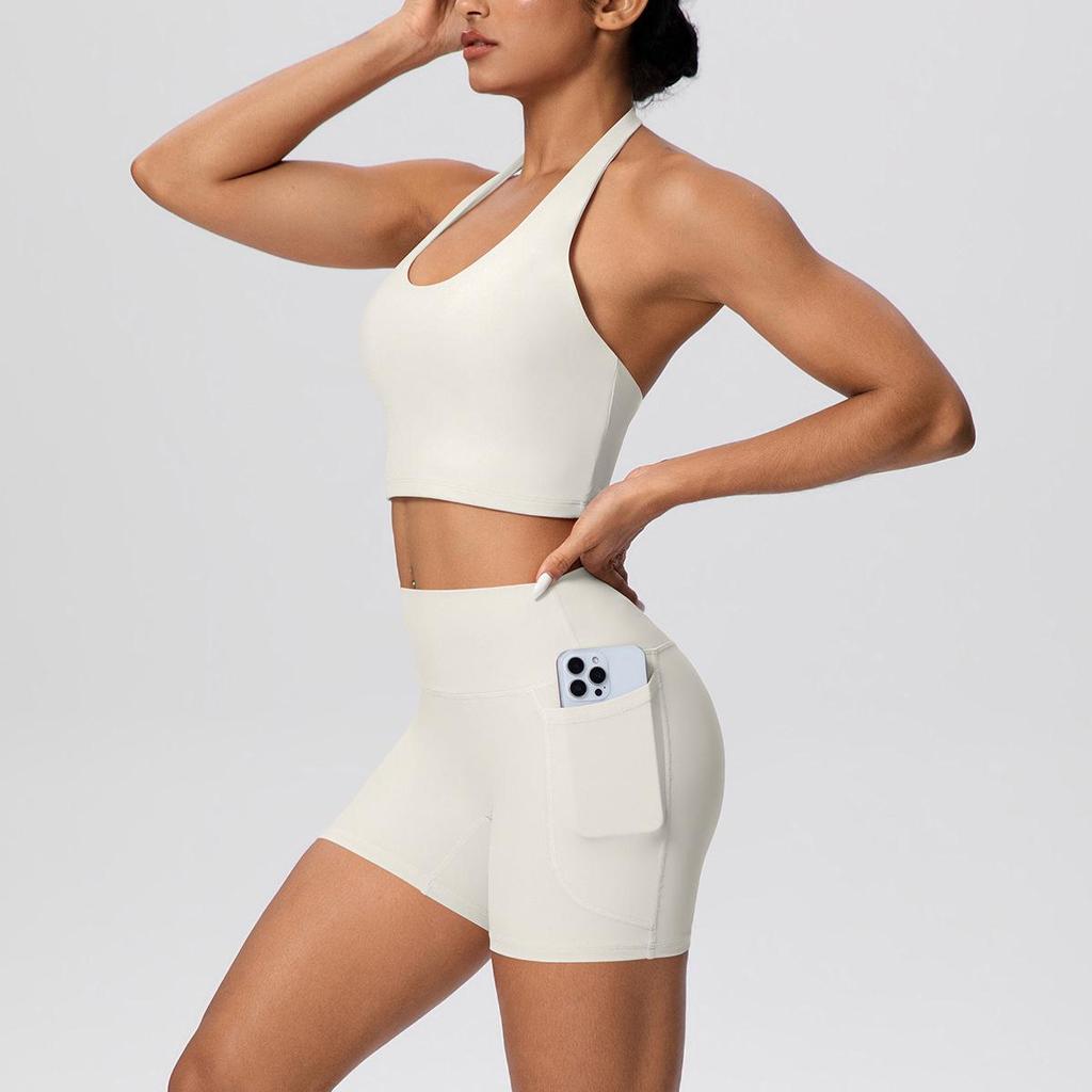 Solid Color Cross-Border Yoga Suit Set: Brushed Hanging Neck Vest with Pocket Pants and Fitness Shorts for Women
