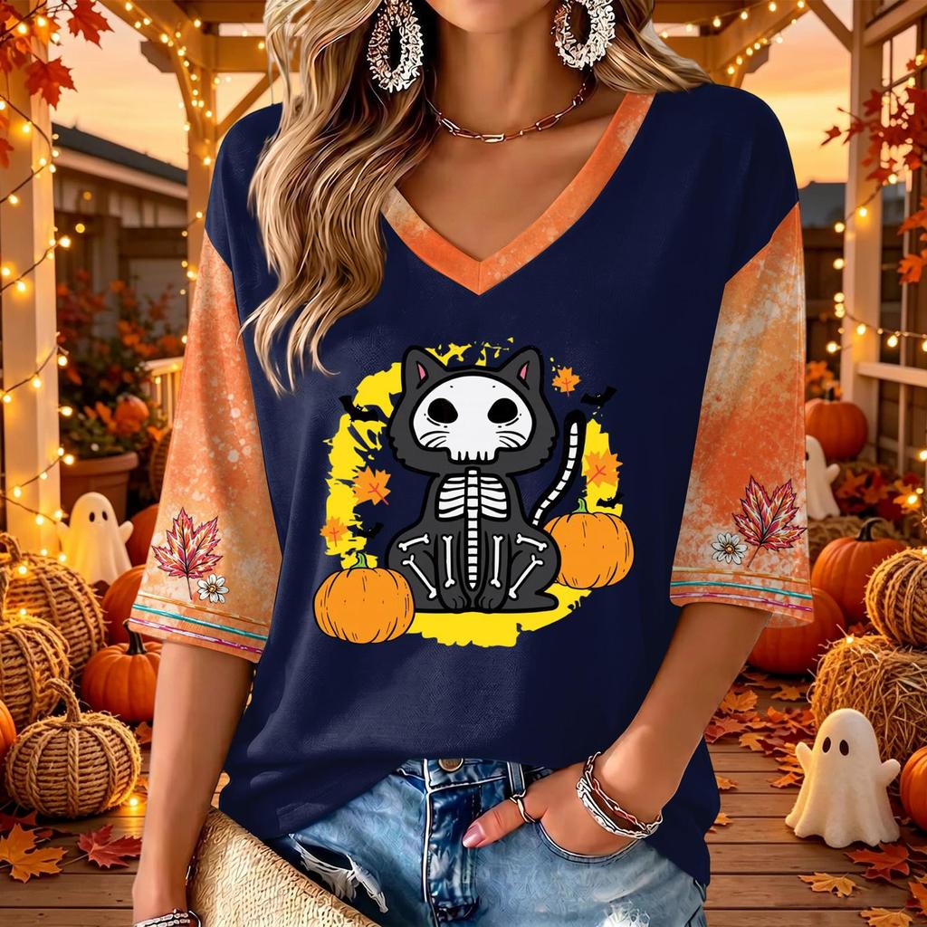 Women's V-Neck Casual Halloween Print Three-Quarter Sleeve Top for Fall Festive Occasions