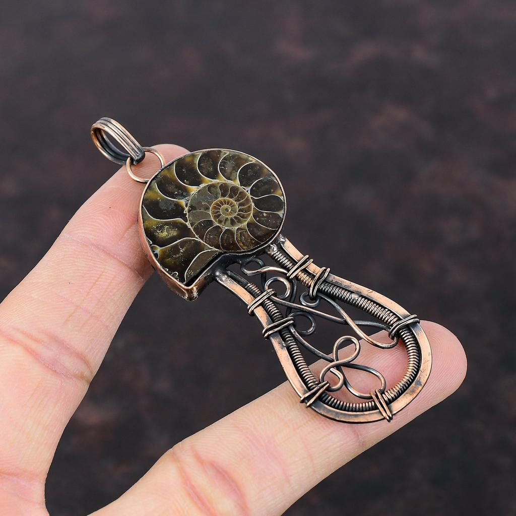 Ammonite Fossil Copper Pendant Copper Wire Wrapped Jewelry Handmade Pendant Top Quality Gemstone Jewelry Wire Wrapped Pendant Gift For Him