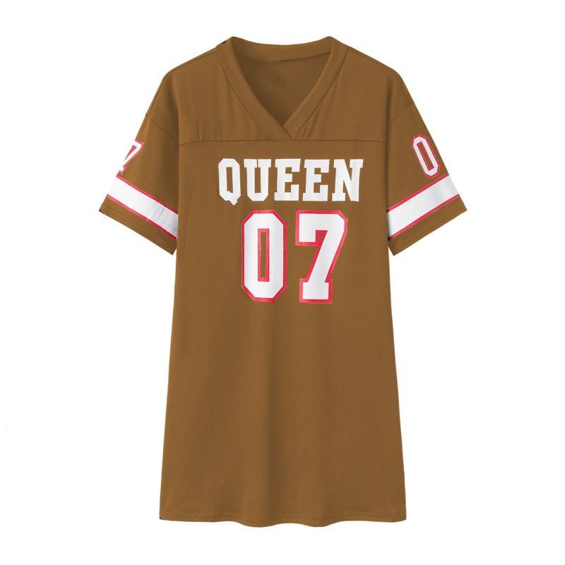 Women European Style Casual Letter Print Short Sleeve V Neck T Shirt Dress