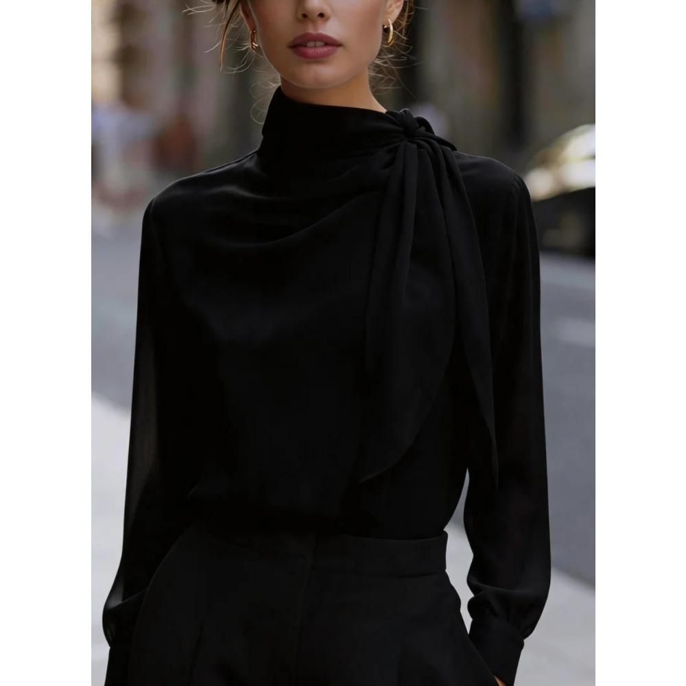Chemise en Satin à Détails de Ruban – Chemise Longue pour Femme de Luxe Abordable avec un Col Montant pour le Lieu de Travail