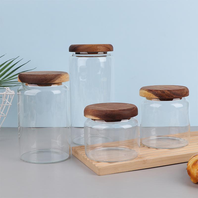 1Pcs Wooden Cover Coffee Beans Vacuum Sealed Tank Transparent Glass Food Storage Jars Household Moisture-Proof Container