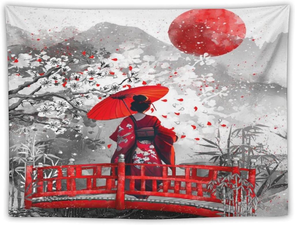 Japanese Red Geisha Tapestry Asian Cherry Blossom Traditional Kimono Folk Tapestries Home Decor Living Room Bedroom Apartment