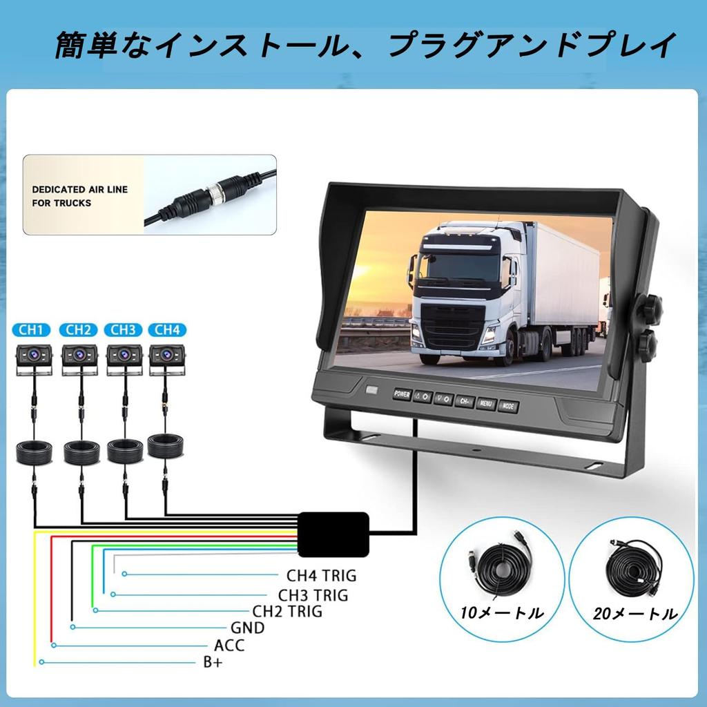 Auometo Truck Dashcam with 1080P Split Recording DVR IP68 Night Vision Set for 9-inch Resolution, 4-Screen On-Dash Monitor, Function, Wide-Angle Lens,