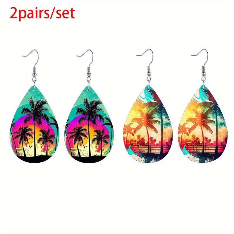 Colorful Dusk Sunset Coconut Tree Artificial Leather Earrings for Women Reversible Pattern Lightweight Teardrop Earrings