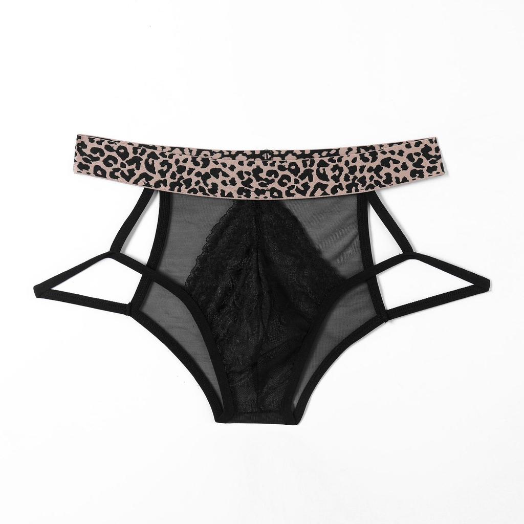 Leopard print men's erotic underwear temperament splicing lace sexy breathable hollow temptation perspective underwear