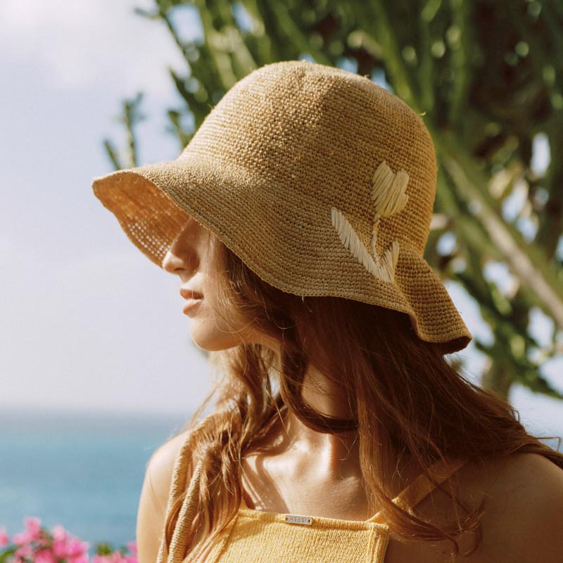 

Women’s Handwoven Raffia Hat and Bag Set with Tulip Embroidery Summer Vacation Beach Set