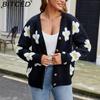 BITCED Damen 3D Floral V-Ausschnitt Strick-Cardigan Herbst/Winter Lässige Strickjacke mit entspannter Passform