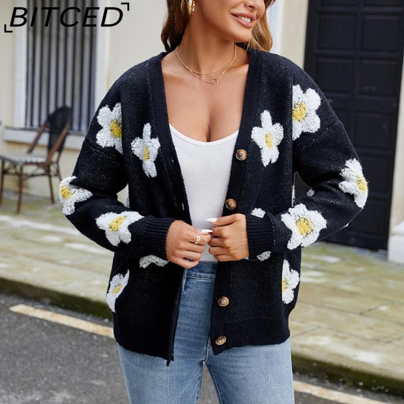BITCED Damen 3D Floral V-Ausschnitt Strick-Cardigan Herbst/Winter Lässige Strickjacke mit entspannter Passform