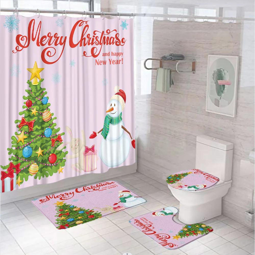 Weihnachts-Nikolaus Duschvorhang-Set Mit Teppich Toilettensitzbezug Badvorleger Weihnachtsbaum Schneeflocken-Szenerie Bauernhaus Wannen Vorhänge