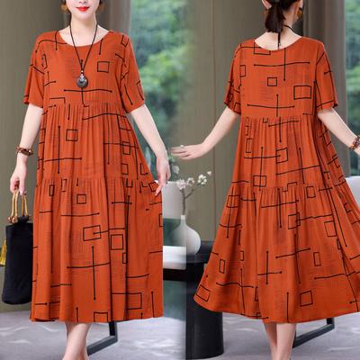 Mittellanges Damenkleid, Sommerkleid für Mütter, knielanges Kleid aus Baumwollseide, Kleid für Frauen mittleren Alters, knielanges Strandkleid mit kurzen Ärmeln in Übergröße für Damen