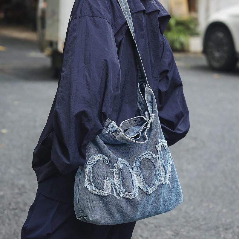 Denim Bag Women's Vintage Wash Denim Letter Casual Crossbody Bag Fashion Student Canvas Shoulder Bag