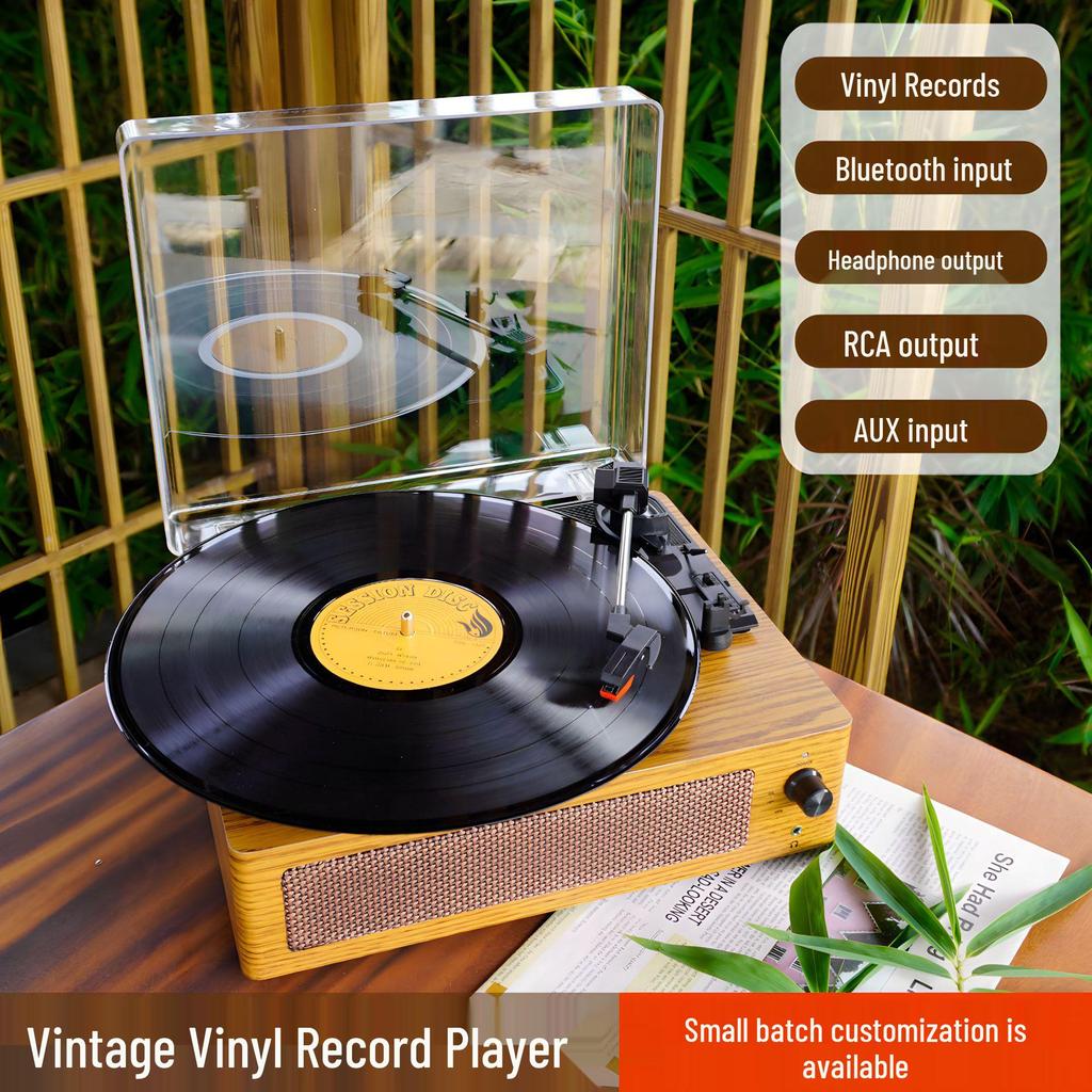 Retro Wooden Gramophone European Style Bluetooth Speaker with Lid for Vinyl Records