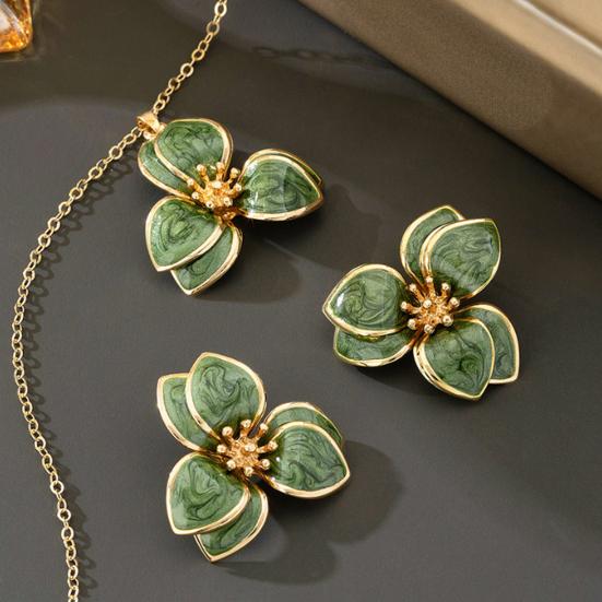 2Pcs/Set Women Jewelry Set Enamel Flower Charm Adjustable Length Necklace Faux Pearl Drop