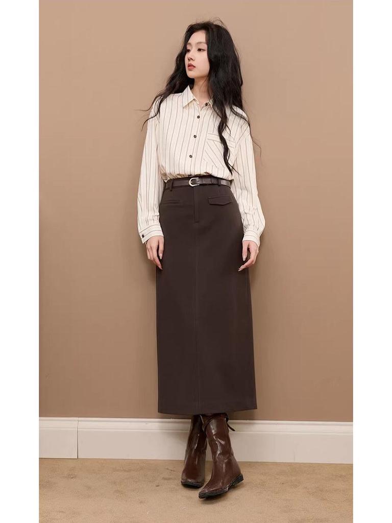 Fulan 2025 Winter Knit Slit Midi Skirt D404QZ101Q00D