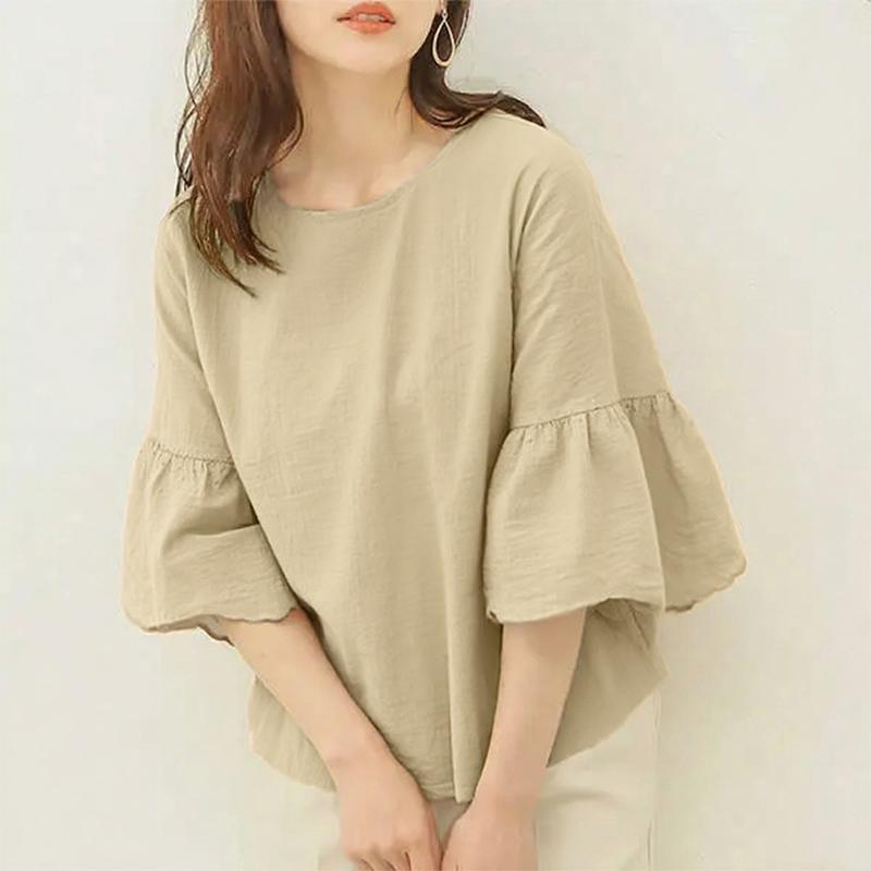 

ZANZEA Women Casual Round Neck Solid Color Loose 3/4 Sleeve Blouse S хаки