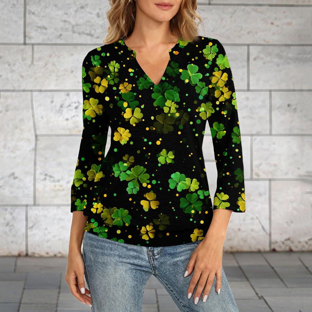 Damen 3/4-Arm Oberteil mit Bündchensaum, V-Ausschnitt, Sommer Freizeit-T-Shirt, St. Bedrucktes Oberteil zum St. Patrick's Day