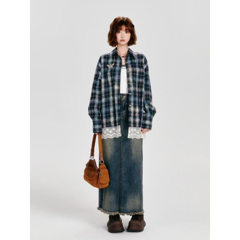 Plaid Lace Women Shirt Long Sleeved Patchwork New Blouse Autumn Loose American Style Woman Trendy Shirts